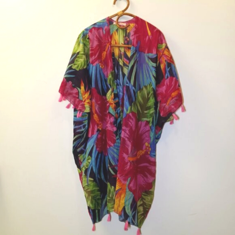 Paradise USA Bright Tropical Floral Cotton Swim Coverup w/ Fringe